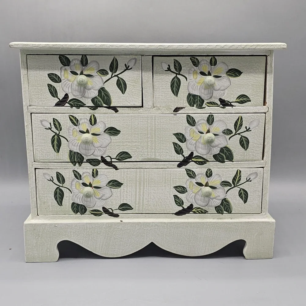 Vintage 90s Floral Wooden Jewelry Box Cottagecore Grannycore Magnolia Flowers